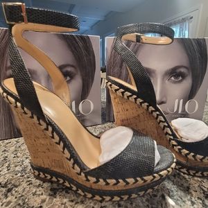 JLO Jennifer Lopez Black Ondra Wedge Sandal- LIKE NEW/ In Original Box!